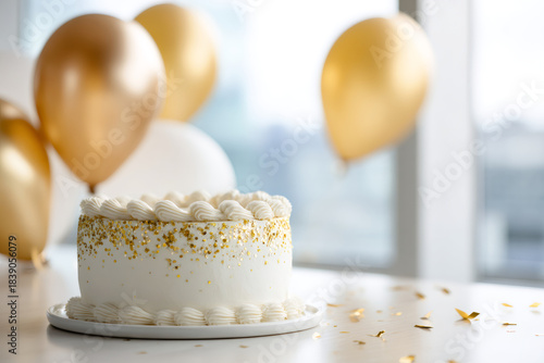 White birthday cake with gold glitter and frosting. Festive party celebration background with balloons. Copy space for text