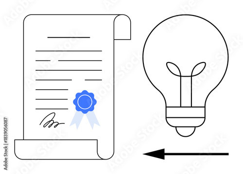 Intellectual property concept. Intellectual property rights ed by a certificate and innovation by a lightbulb. Intellectual property protection for creators, businesses. Ideas, entrepreneurship