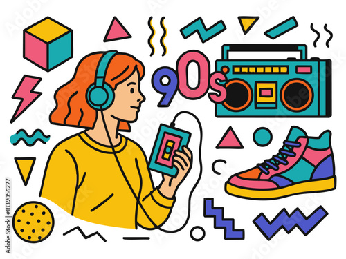 girl with headphones surrounded by 90s pop culture elements like boombox, cassette, sneaker, and geometric shapes. Generative ai vector colorful pop art illustration.