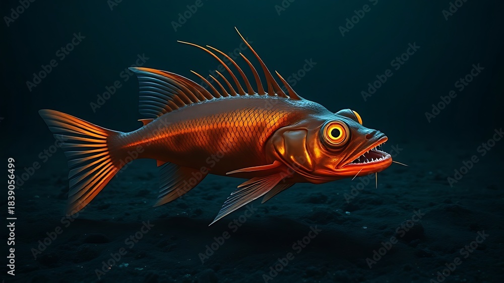 Fototapeta premium An otherworldly fish with glowing lures walking on a dark seafloor, evoking deep-sea mystery.