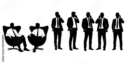 Flat vector silhouette illustration of seven men in business attire isolated on white background