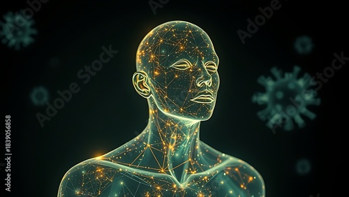 A surreal glowing figure with translucent skin revealing inner constellations, symbolizing post-viral mysteries.