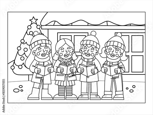 Line Art of Carolers Singing Christmas Carols