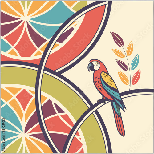 Colorful vector illustration of a tropical macaw parrot bird on a tree branch with an abstract nature background