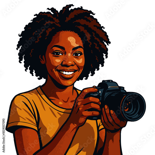 cheerful woman aiming a DSLR camera, ideal for photography, content creation, and creative industry themes. Generative ai vector colorful pop art illustration.