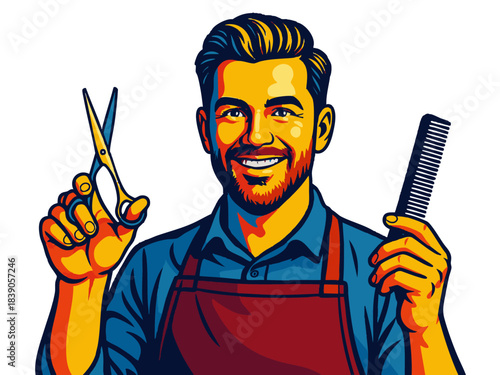 happy male barber in apron, confidently holding scissors and comb, ideal for grooming or hairstyling concepts. Generative ai vector colorful pop art illustration.