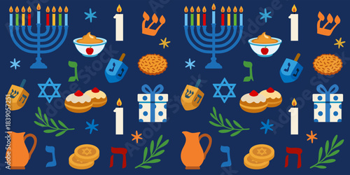 Happy Hanukkah Jewish holiday party seamless pattern decoration. Hanukkah Sameach banner vector design with traditional symbols - menorah, dreidel, sufganiyot, gelt, candlestick candles, oil jar, gift
