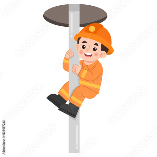 Illustration of Firefighter Sliding Down Pole