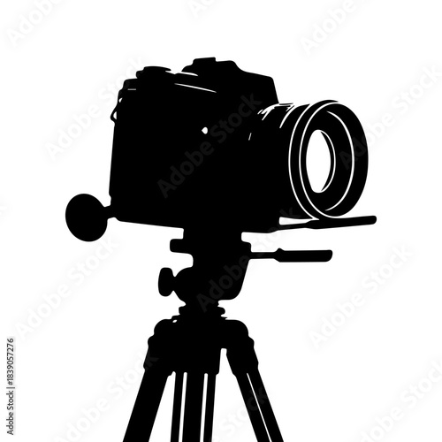 The black and white silhouette of a classic photo camera on a tripod is nostalgia for analog photography and the creative process. Suitable for photographers' portfolios and blogs. Vector graphics. 