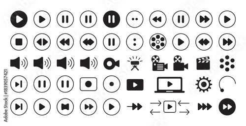 Collection of black and white multimedia control icons with play pause stop rewind forward and volume symbols