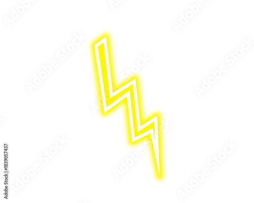 Bright yellow neon style lightning bolt icon with white outline on a solid for energy on transparent background