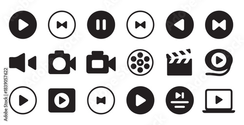 Set of black and white media player icon collection with various play pause rewind and fast forward symbols