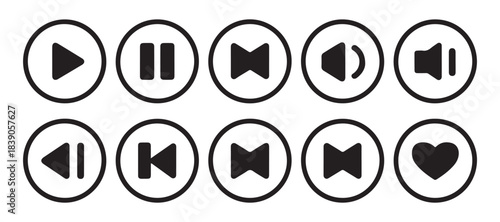 Set of ten black and white media player icons with play pause rewind fast forward volume and heart symbols