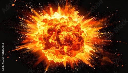 A vibrant orange and yellow explosion bursts forth against a stark black background