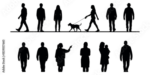 Collection of silhouetted figures arranged in two rows isolated on white background