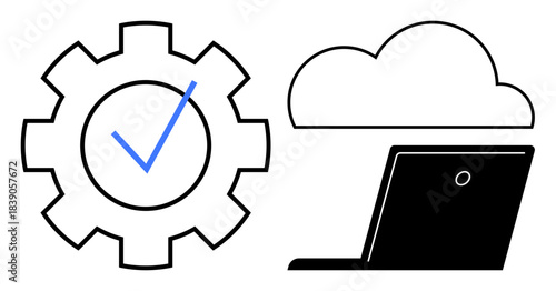 Cloud computing, system verification, data management, digital technology, IT infrastructure, remote access. A gear with a checkmark is next to a laptop under a cloud shape. Cloud computing