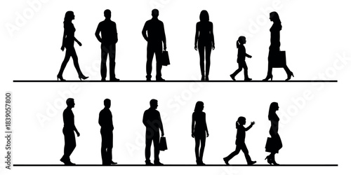 Two rows of silhouetted figures isolated on white background