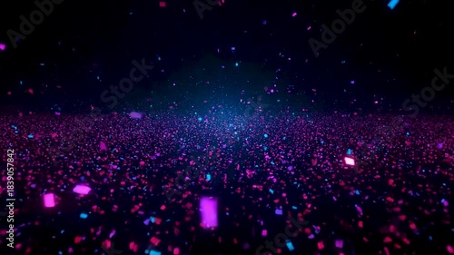Abstract glowing field of pink and blue particles floating in dark digital space