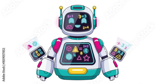 A friendly educational robot with screens displaying math problems and shapes for learning.