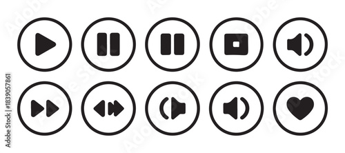 Set of ten media player icon buttons including play pause stop volume up volume down next previous and heart button
