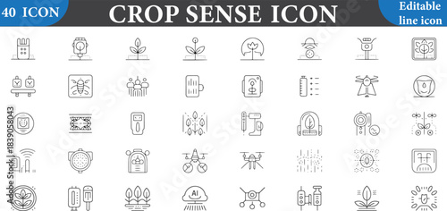 Collection of minimal line icons representing agriculture farming and plant growth concepts