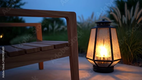 Outdoor lantern and bench at dusk.