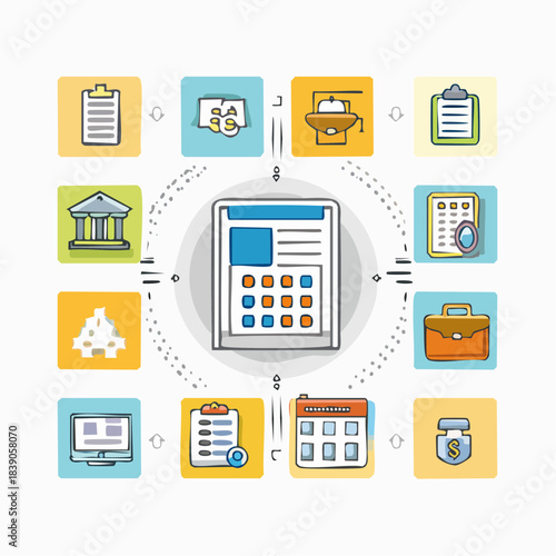 Business Planning Icon Set: A collection of meticulously crafted icons, representing the diverse facets of business planning, designed with vibrant colors and clean lines. 