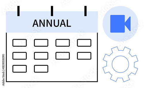 Business planning, event organization, technology solutions, schedule optimization, annual review, digital workflow. Calendar displaying Annual, video icon and gear symbol. Business planning