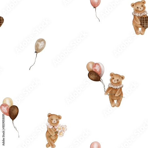 Seamless pattern with Watercolor Cute Teddy Bear Holding balloon and heart. Repeat ornament with Valentine Brown bear toy with vintage Jabot collar and daisy. Illustration hand drawn on isolated.