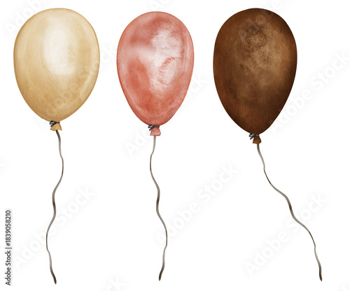 Watercolor Cute set of hot air Light beige and dark brown and coral pink Balloons bunch. Illustration hand drawn on isolated background for design greeting cards, invitations, posters, labels handmade