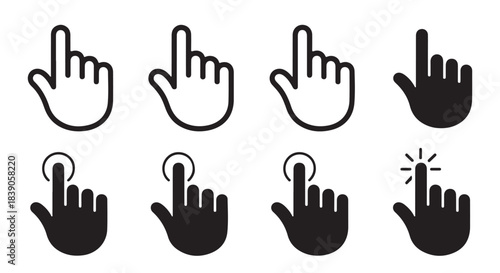 Collection of eight hand cursor icons, pointer click symbols with index finger pressing button, on white background