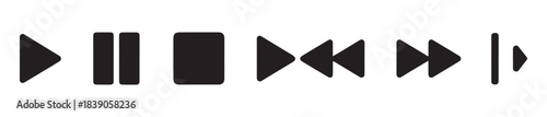 Minimalist set of seven media player control icons including play pause stop next previous rewind and fast forward