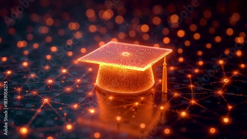 Glowing orange graduation cap hologram above digital surface surrounded by particle network