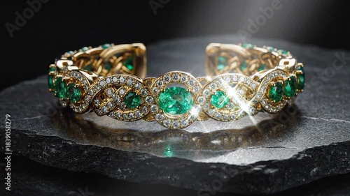 Golden bracelet with emerald and diamond gemstones on dark stone background