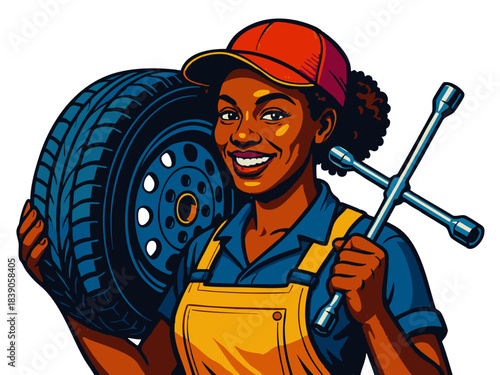 Tire Technician cheerful woman in work overalls carrying a car tire and lug wrench, symbolizing auto repair and empowerment. Generative ai vector colorful pop art illustration.