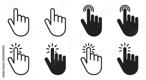 Assortment of eight hand cursor icons, pointer click symbols with index finger pressing, isolated on white backdrop