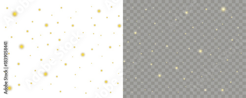 Golden sparkling overlay effect on a transparent background. Festive glitter, magic dust, and light particles. For wedding, fantasy or celebration designs. Editable vector illustration.