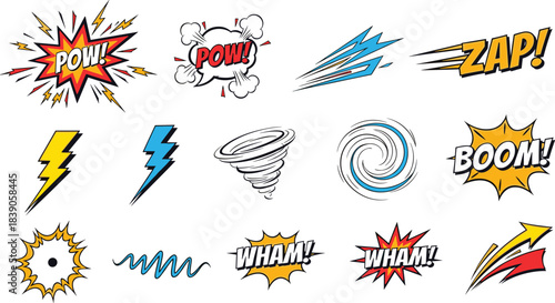 Comic Sound Effects Icons Set – POW, ZAP, BOOM, WHAM Text, Lightning Bolts, Explosions and Cartoon Action Vector Collection