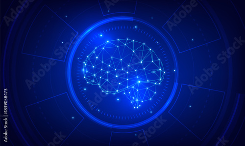 Blue AI technology background linear framework intelligent brain banner