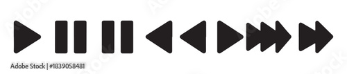 Set of black media player buttons with play, pause, stop, rewind, fast forward, skip backward, and skip forward symbols