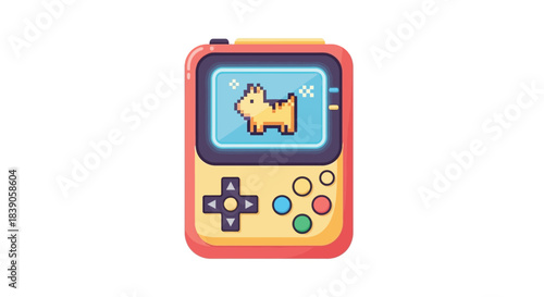 A vibrant illustration of a retro handheld video game console with a cute pixelated dog character on the screen.