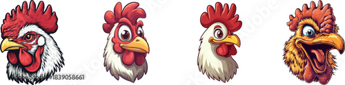 An angry rooster head is illustrated in modern clip art style against a dark circular background, incorporating simple gradients, and is composed of a single layer