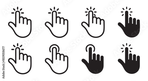 Diversity of eight hand cursor icons, pointer click symbols with index finger pressing button, on white background