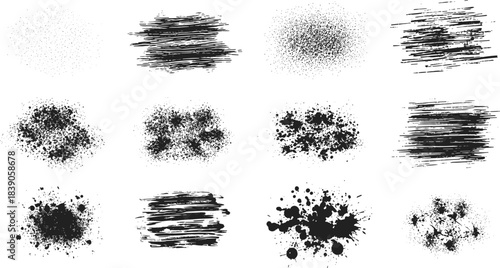 Ink Splatter and Grunge Brush Texture Set – Abstract Paint Splash, Messy Splatter Dots, Grunge Strokes and Artistic Ink Vector Collection