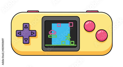 A vibrant yellow handheld retro gaming console displaying a classic video game.