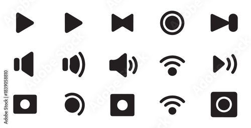 Diverse collection of black media player and connectivity icons featuring play, record, volume, and wifi symbols
