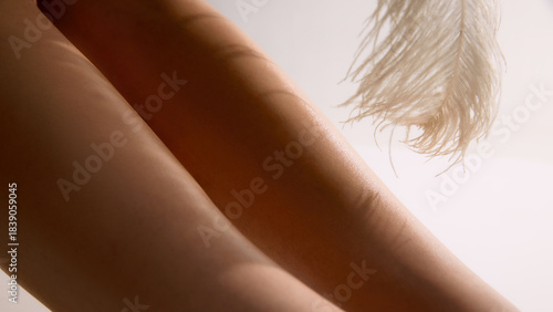Valokuva Close abstract view of smooth female legs with soft feather motion in warm background