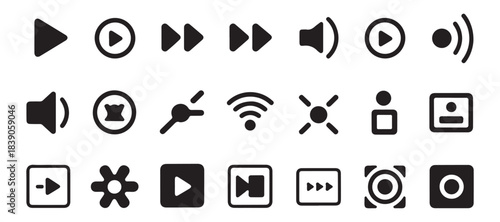 Set of basic media player icon, black multimedia signs for web and apps isolated on white background