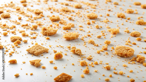 Crisp cookie crumbs scattered evenly over bright white transparent surface, macro detail emphasized.
