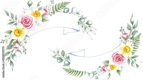 Floral banner design set, curved botanical scrolls, decorative flower arrangement, elegant label layout, vintage embellishment graphic, nature-inspired frame